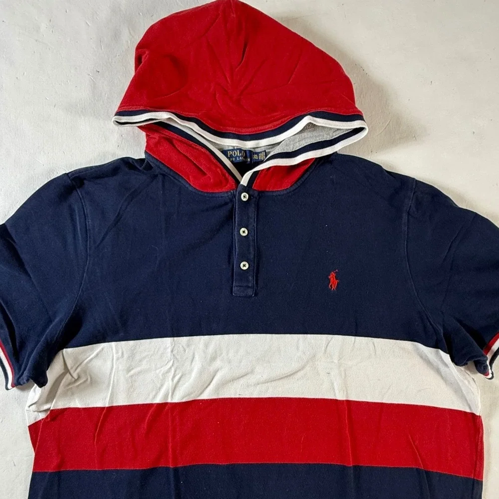 Polo Ralph‎ Lauren Hoodie Mens 2XL Navy Blue Red White Colorblock Short Sleeve
